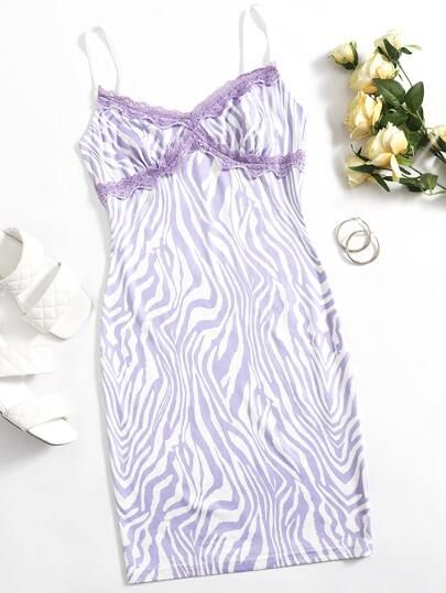 SHEIN Zebra Stripe Lace Trim Bodycon Dress | SHEIN