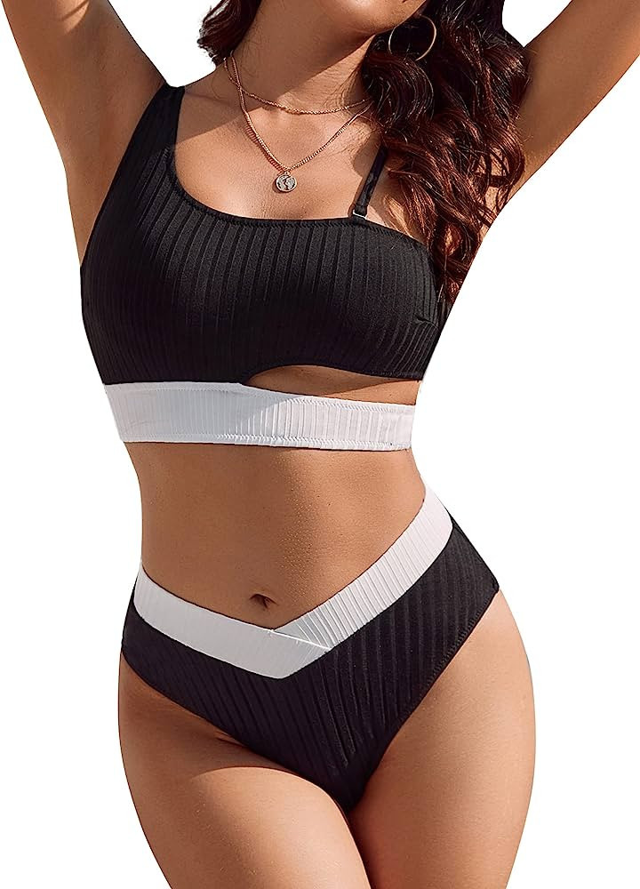 Blooming Jelly Women's One Shoulder Swimsuits Sporty High Waisted Bikini High Cut Two Piece Bathi... | Amazon (US)