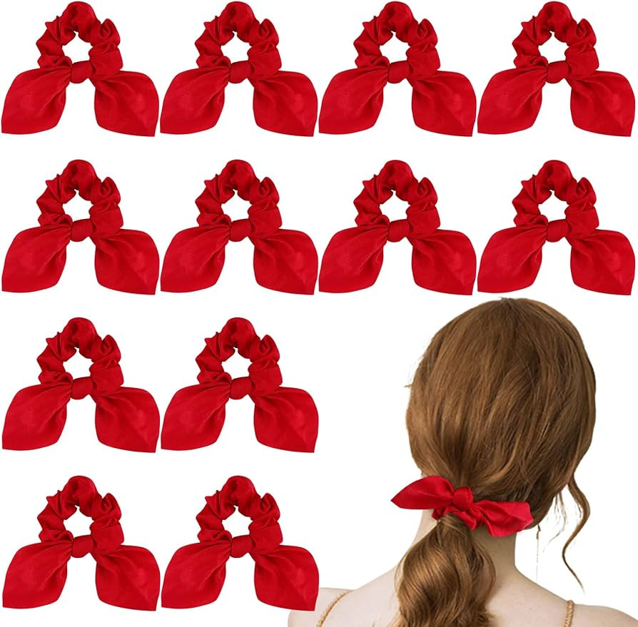 12 Pack Satin Scrunchies with Tails - Bow Hair Accessories for Thick Hair, Red Bunny Ear Hair Tie... | Amazon (US)