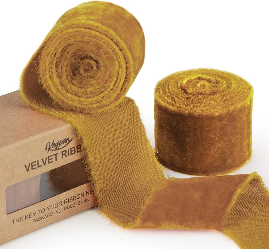Gold Velvet Ribbon for Gift Wrapping 1-1/2 Inch Wide Handmade Fringe Fabric Ribbon for Christmas ... | Amazon (US)