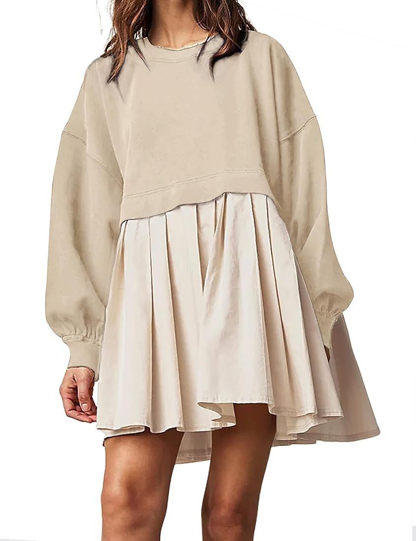 SAFRISIOR Women Oversized Sweatshirt Dress Crew Neck Long Sleeve Patchwork Pullover Tops Baggy Fl... | Amazon (US)