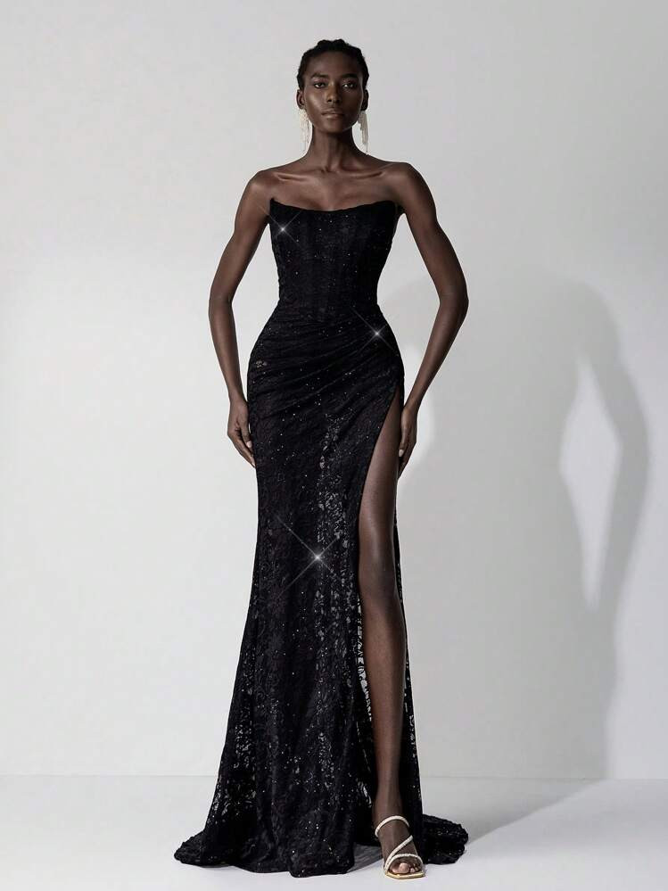 Elitara Elegant And Romantic Black Stretch Lace Special-Shaped Collar With Fishbone, High Slit To Thigh, Slim Fishtail Support, Wedding Guest Dress, Suitable For Dinner, Bachelor Party, Date, Vacation, Back-To-School Season, Graduation Season, Wedding Event, Evening Dress, Formal Dress,Gown | SHEIN