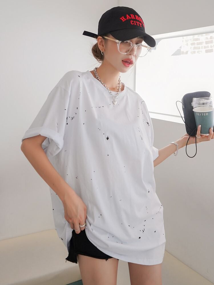 DAZY Paint Splatter Pattern Drop Shoulder Oversized Tee | SHEIN