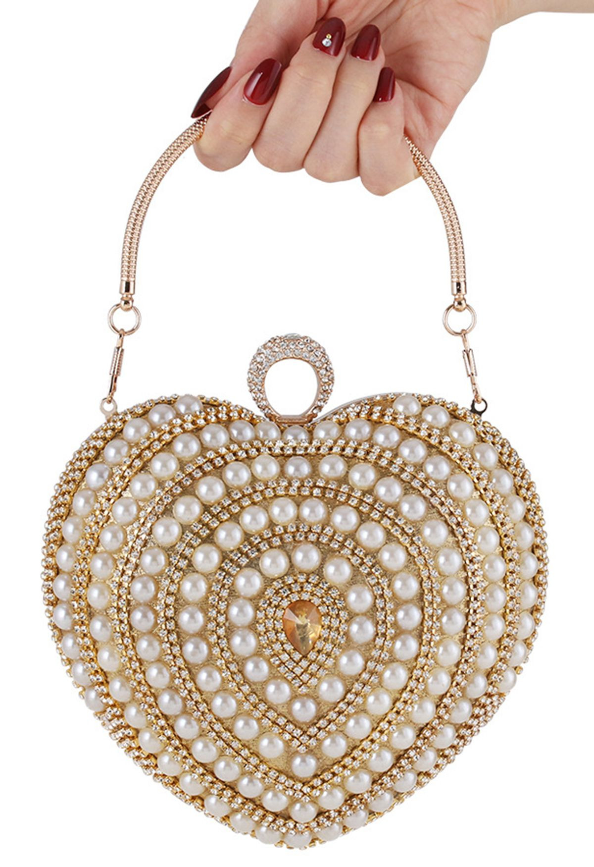 Heart Shape Pearl Decor Clutch in Gold | Chicwish