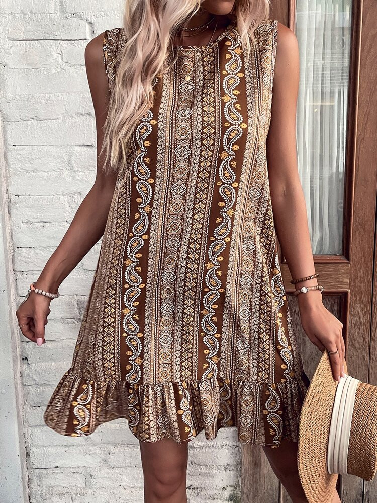 Paisley & Geo Print Keyhole Back Ruffle Hem Dress | SHEIN