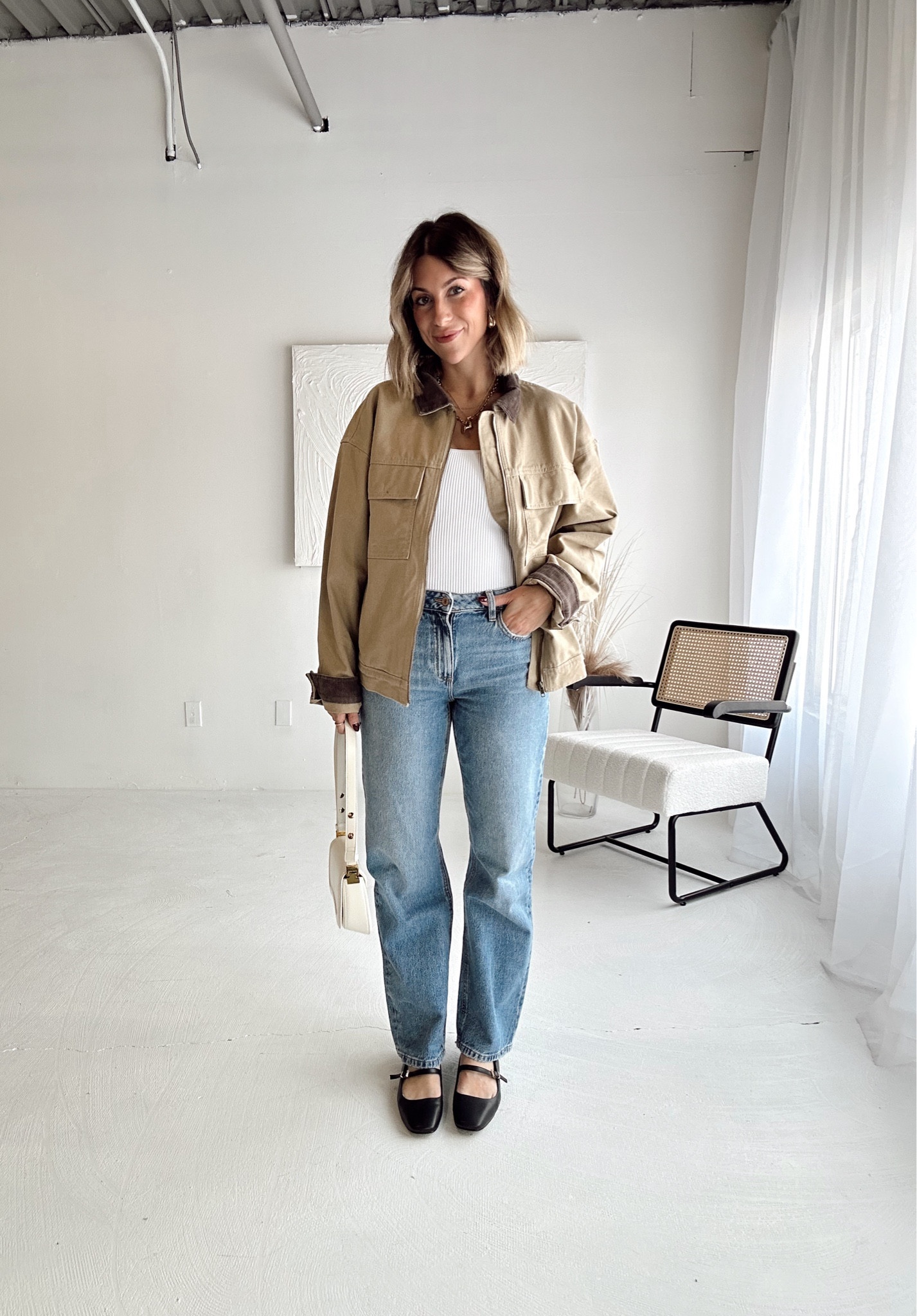 Gap workers jacket - wearing a men’s size medium (sold out linking similar) 

Aritzia tank - size small 

Dynamite jeans size 26 - mid rise 

H&M flats 

#LTKcanada #LTKstyletip #LTKautumn