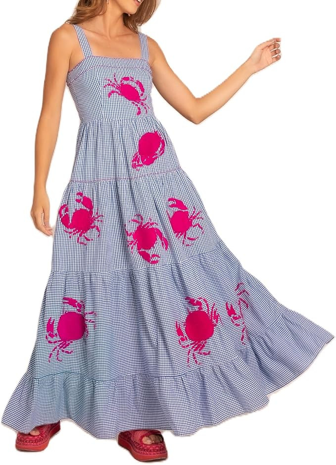 Argeousgor Women Summer Boho Dresses Spaghetti Strap Embroidered Tiered Maxi Dress Swing Flowy Be... | Amazon (US)