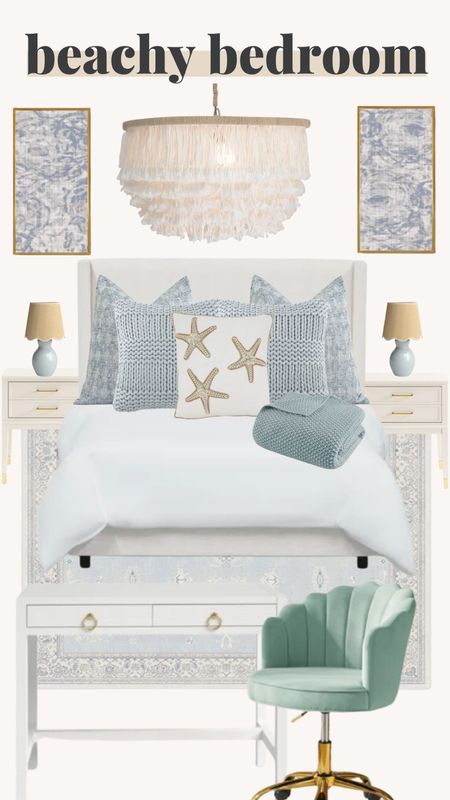 Beachy bedroom inspiration, blue accents, coastal home, girls bedroom, guest bedroom, desk, office chair, bed frame, throw pillows, throw blanket, wall decor, ceiling lighting, night stand, side table, table lamp , affordable home, Wayfair home 

#LTKHome #LTKStyleTip #LTKTravel