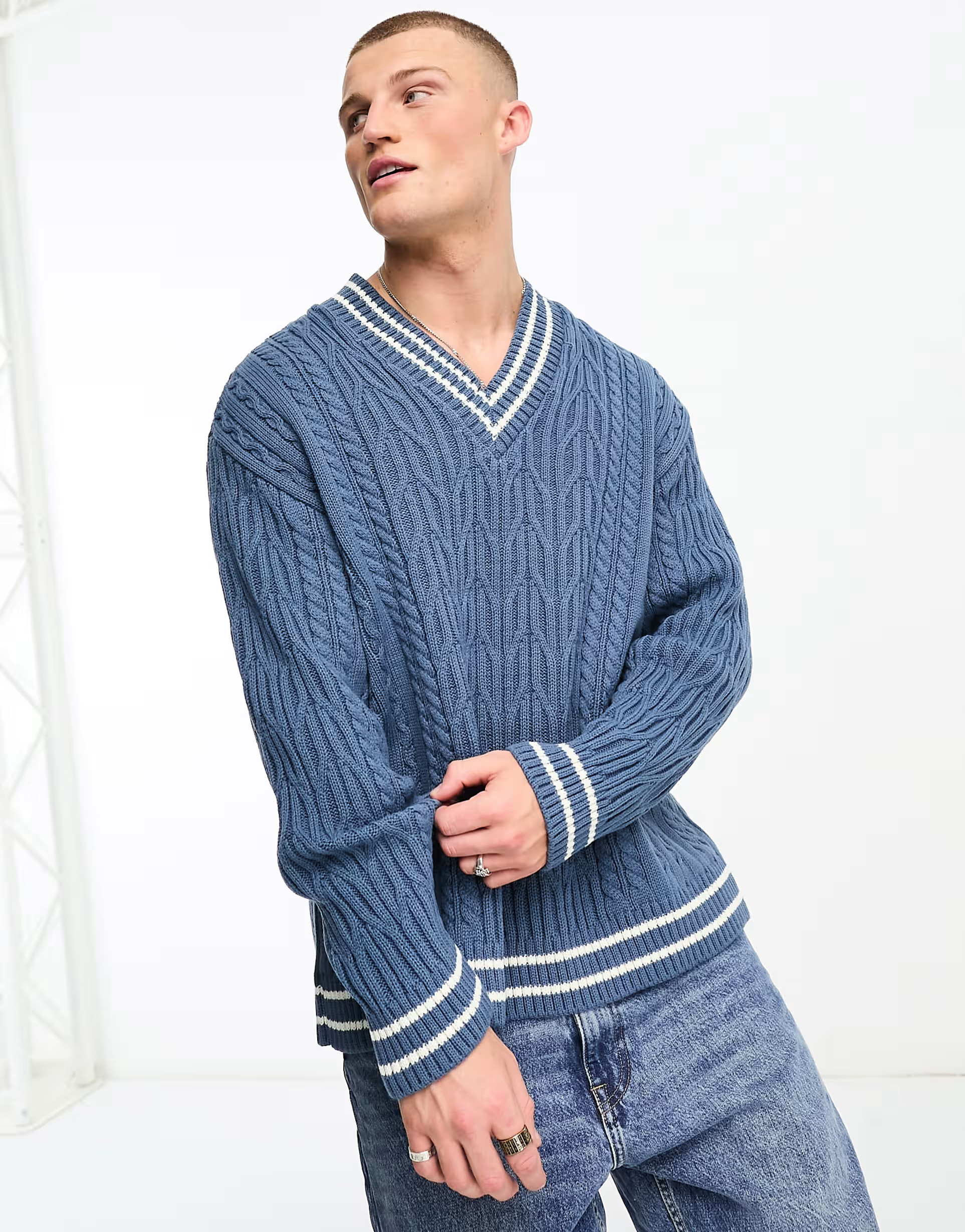 ASOS DESIGN cable knit cricket sweater in blue | ASOS (Global)