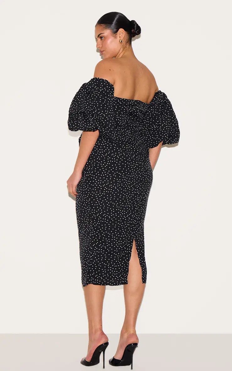 Black Polka Dot Bandeau Puff Sleeve Midi Dress | PrettyLittleThing USA | PrettyLittleThing US