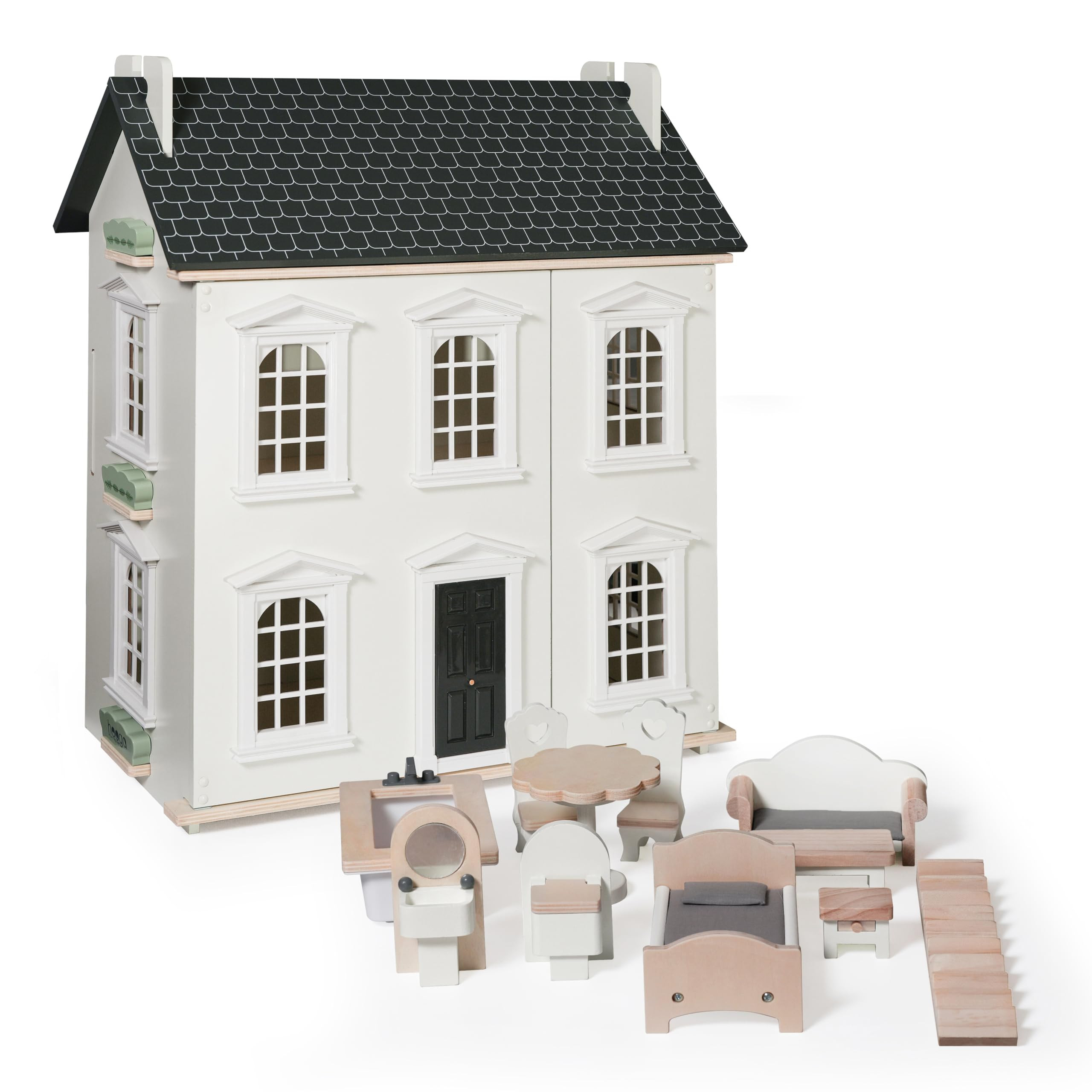 Hooga Wooden Dollhouse with Furniture Set Included, Multi-Level 3-Storey Pretend Doll's house Pla... | Amazon (UK)