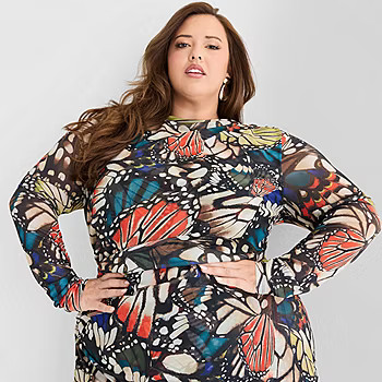 new!Ashley Graham Mesh Womens Plus Long Sleeve Butterfly Bodycon Dress | JCPenney