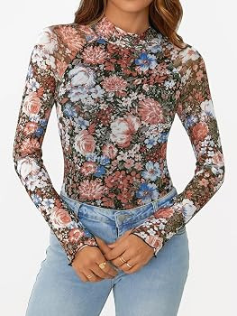 AUTOMET Lace Long Sleeve Floral Mesh Mockneck Going Out Tops for Women Fall Fashion Outfits 2025 | Amazon (US)
