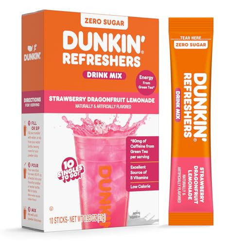 Dunkin’ Refreshers Singles To Go! Powdered drink mix packets, Strawberry Dragon fruit Lemonade, 10 packets per box , Energy from Green Tea, aspartame-free, no synthetic colors, naturally and artificially flavored, just add water | Amazon (US)