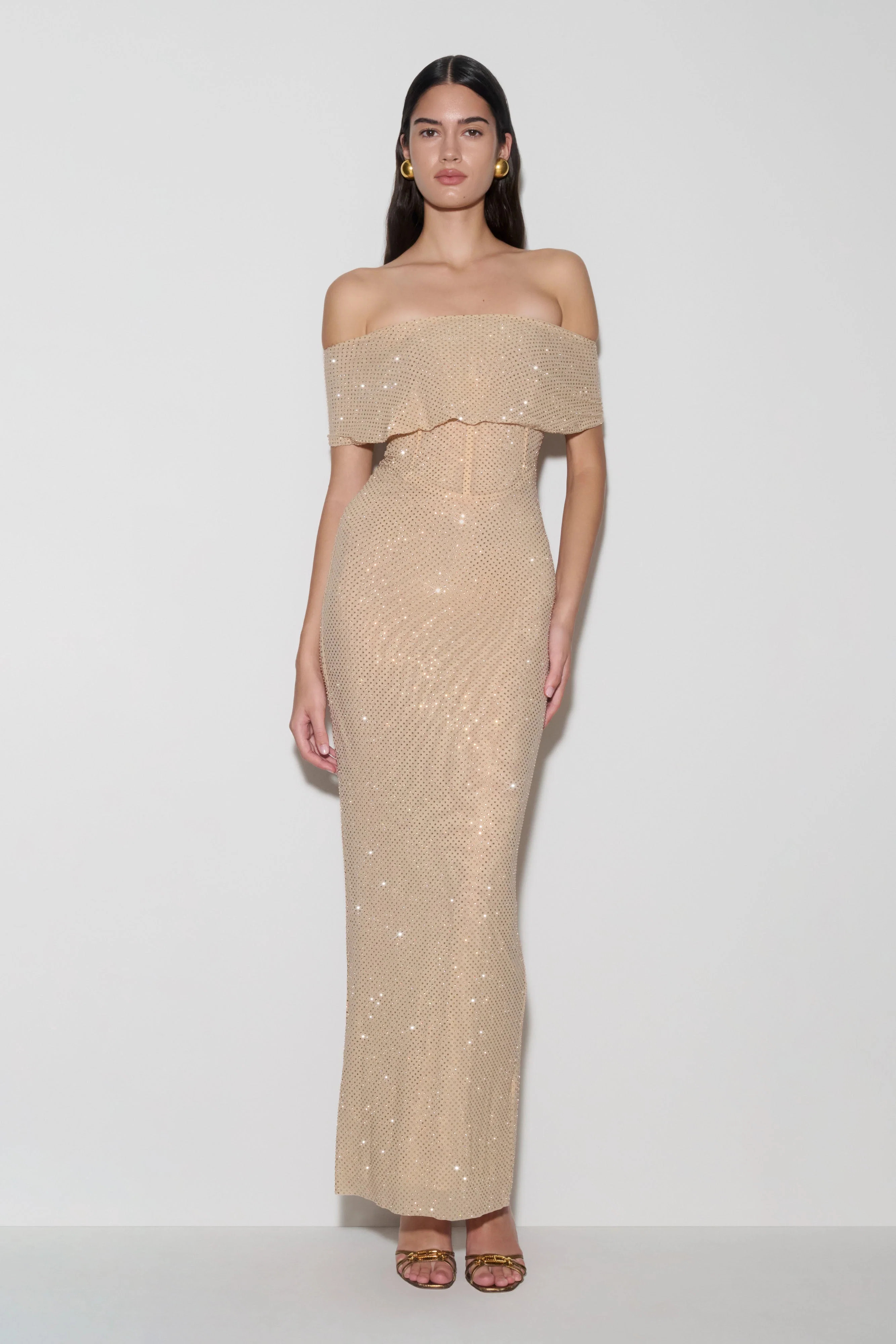 Phi Multi-Wear Cowl Diamante Maxi Dress - Gold | MESHKI US