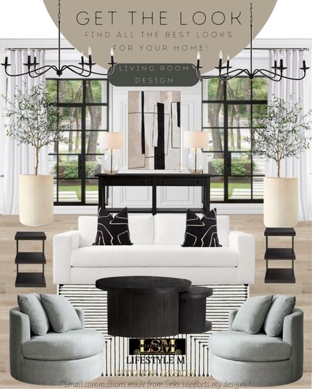 Living Room Design Idea. Recreate the look at home with these home furniture and decor finds! Black round coffee table, black end tables, grey accent chairs, stripped living room rug, black throw pillows, black console table, white ceramic tree planter pot, faux fake tree, wall art, living room chandelier, glass table lamps, white curtains. 

#LTKstyletip #LTKFind #LTKhome