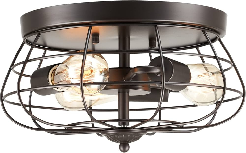 VONLUCE Ceiling Light with Vintage Metal Cage, 3 Bulb Flush Mount Light Fixture for Farmhouse Boho Rustic Home Decor, Industrial Light Shade for Living Room Bedroom Entryway, Oil Rubbed Bronze Finish | Amazon (US)