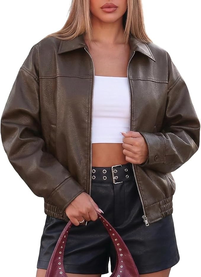 FOMELY Leather Jacket Women Oversized Bomber Motorcycle Biker Racer Moto | Amazon (US)