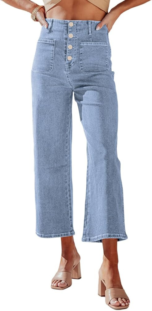 Sidefeel Women's Wide Leg Jeans High Waisted Stretchy Straight Leg Jeans Buttoned Loose Denim Pan... | Amazon (US)