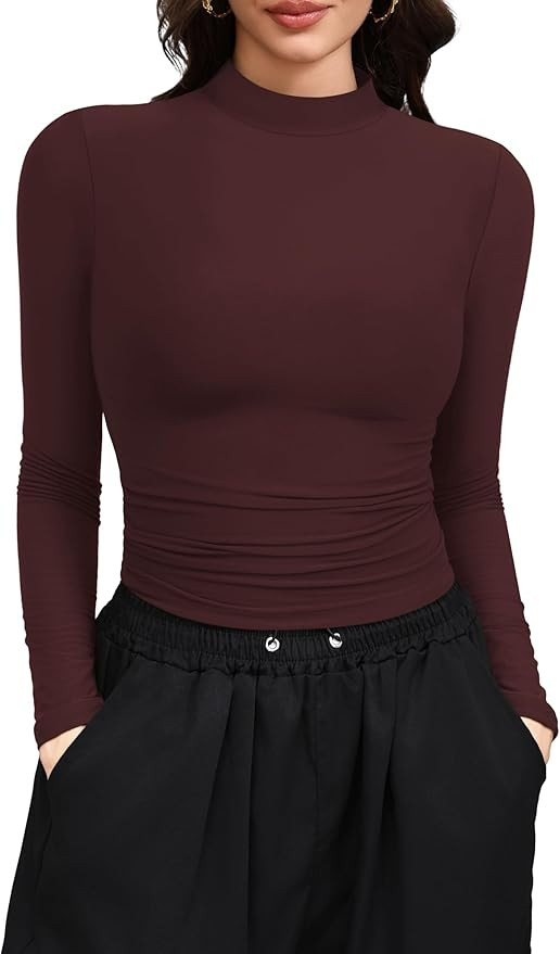 Laughido Women's Mock Neck Long Sleeve Slim Fit Double Lined T-Shirt Casual Basic Crop Tops 2025 ... | Amazon (US)