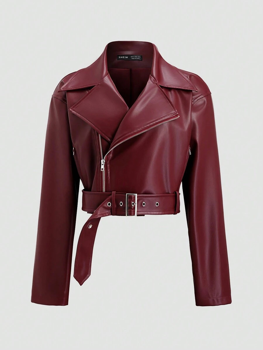 Sweetra 1pc Encore Red Loose Design PU Leather Jacket Fall Winter Cloth For Women | SHEIN