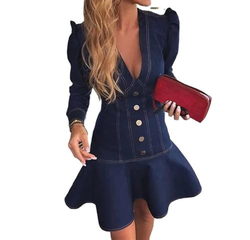 Women's Jean Dress Denim Long Sleeve High Waist Button V Neck Summer Jeans Solid Mini Bodycon(Small) | Amazon (US)