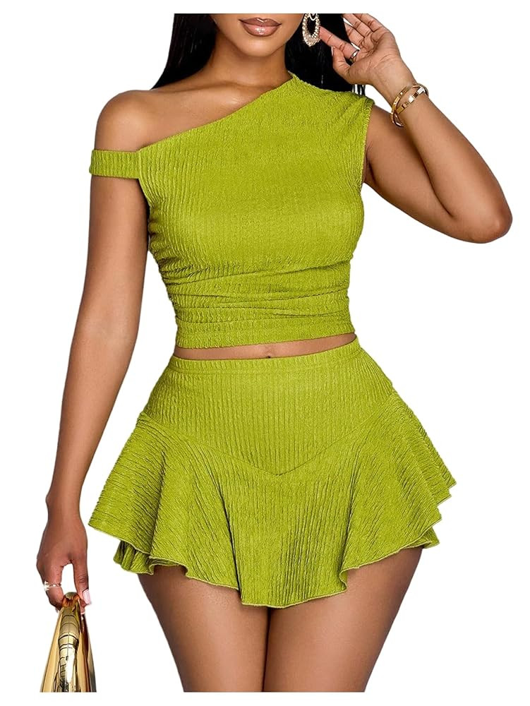 WDIRARA Women's One Shoulder Asymmetrical Tank Top and Layered Ruffle A Line Mini Skirt Sets 2 Pi... | Amazon (US)