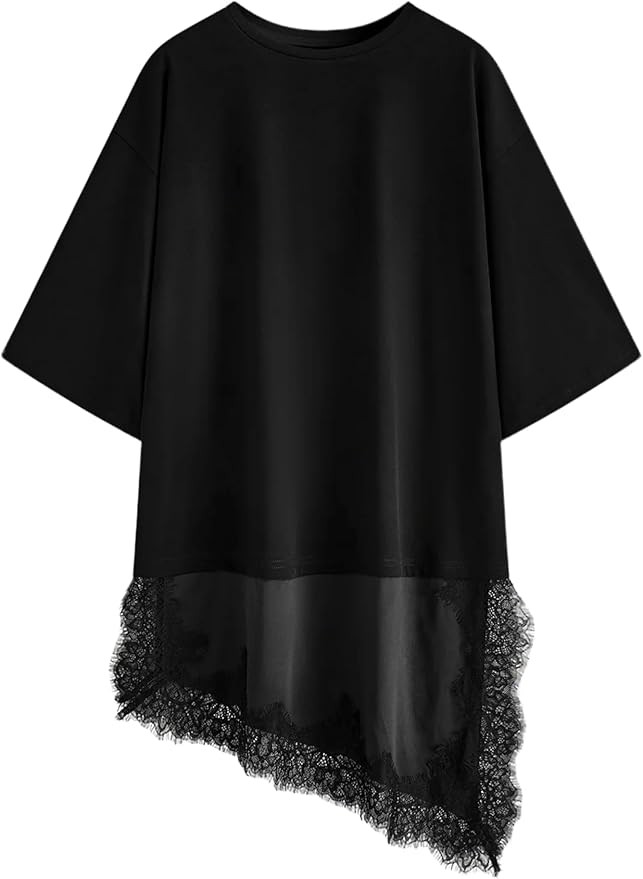 Asymmetrical Lace Trim T-Shirt for Women Y2k Short Sleeve Layering Tops Casual Crew Neck Short Dr... | Amazon (US)