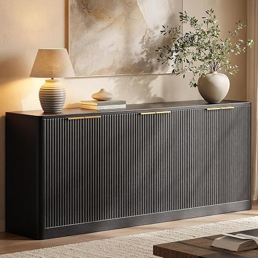 Evermagin 67" Fluted Black Buffet Cabinet with Storage | Mid-century modern wood sideboard, large... | Amazon (US)