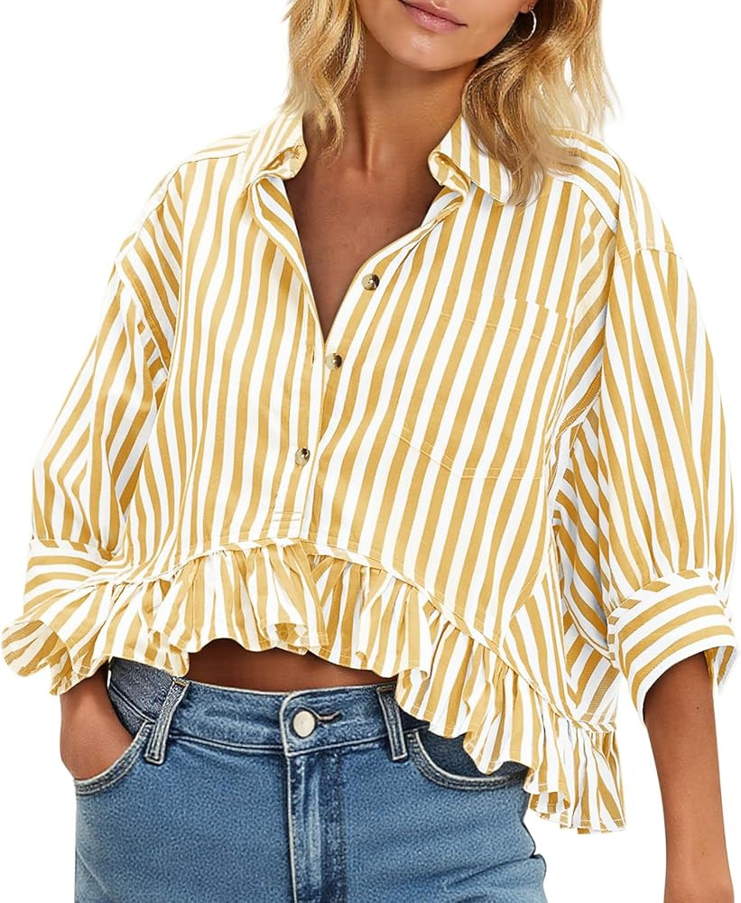 Cicy Bell Womens Cropped Striped Button Down Shirts Ruffle 3/4 Length Sleeve Summer Tops Dressy C... | Amazon (US)