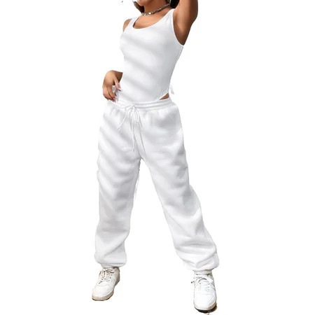 Casual Solid Scoop Neck Sleeveless White Womens Tank Bodysuit & Sweatpants (Women s) | Walmart (US)