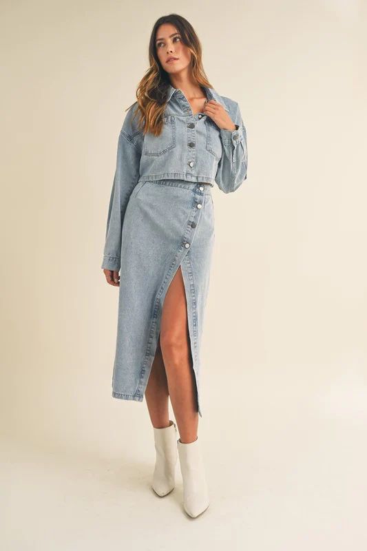 Denim Button Crop Jacket And Skirt Set | TandyWear