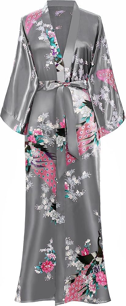 BABEYOND Women's Kimono Robe Long Satin Robes with Peacock and Blossoms Printed Kimono Nightgown | Amazon (US)