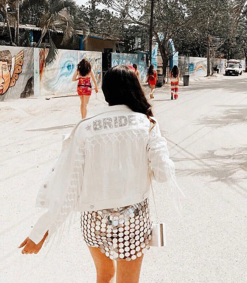 Bride Fringe Jacket White Denim Jacket Rhinestone Bride - Etsy | Etsy (US)