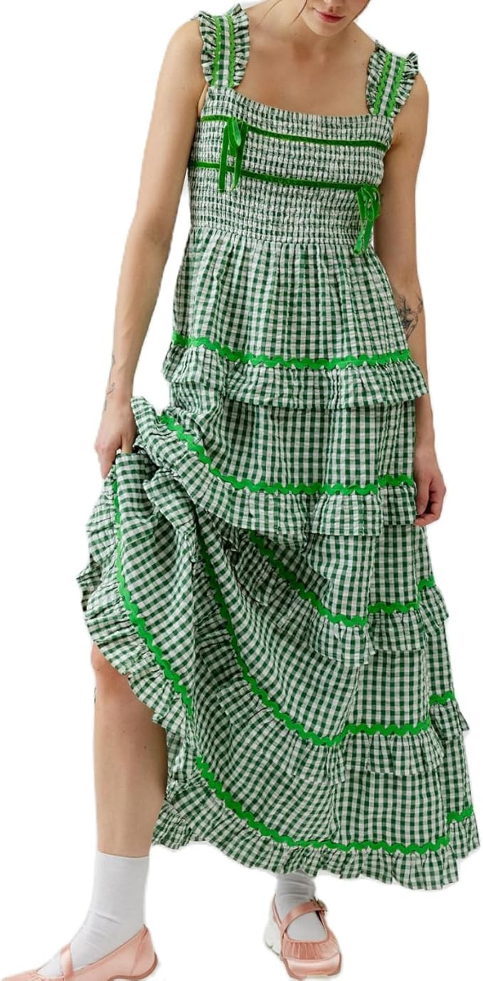 Women Y2k Gingham Dresses Sleeveless Ruched Strappy Plaid Maxi Dress Tiered Flowy Long Sundress | Amazon (US)
