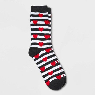 Women's Striped Hearts Valentine's Day Crew Socks - Black/White/Red 4-10 | Target