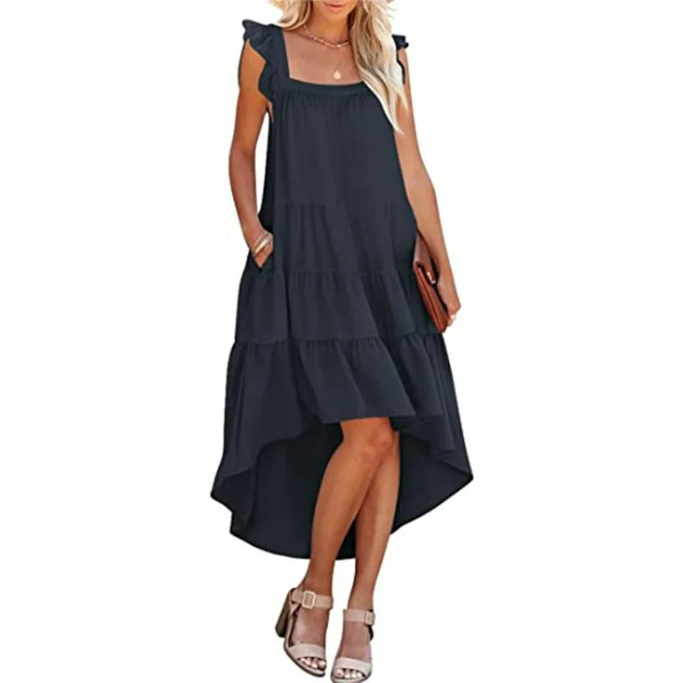 Womens Dresses Sleeveless A Line Beach Long Maxi Dress Casual Loose Tiered Ruffle Beach Long Maxi... | Walmart (US)