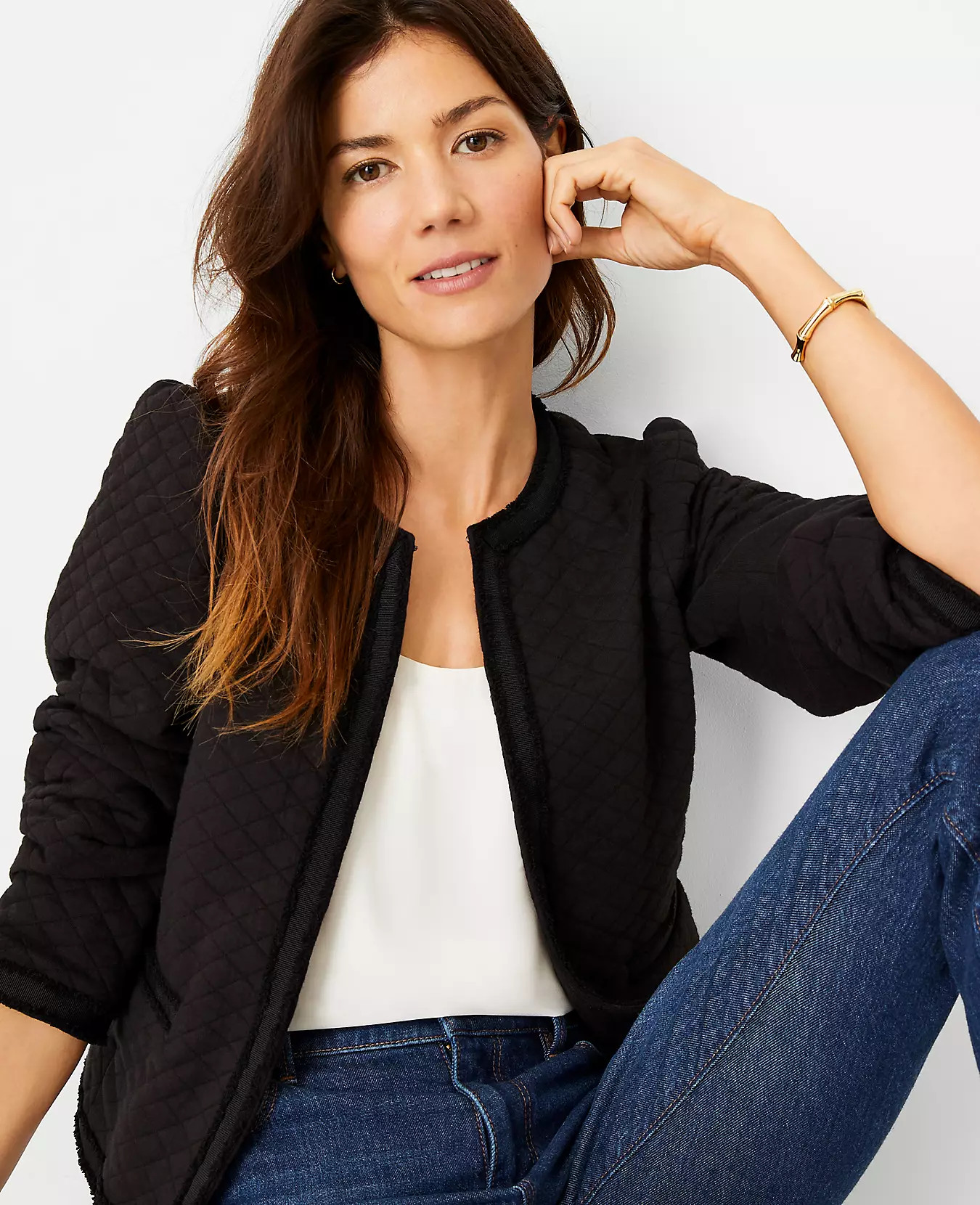 Diamond Jacquard Cropped Puff Sleeve Jacket | Ann Taylor (US)