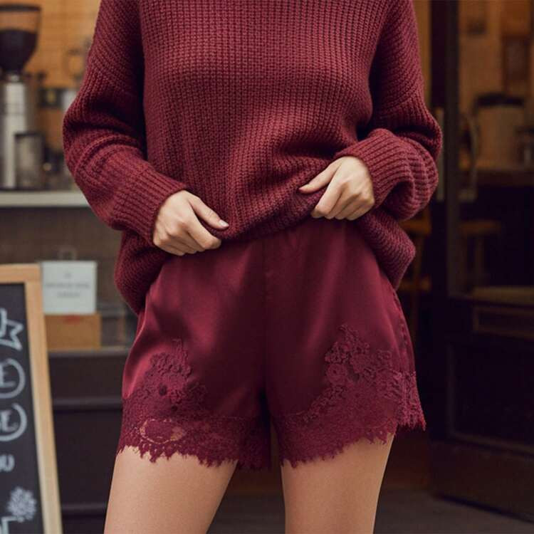 Women Lace Trim Satin Shorts Elastic Waist Lace Patchwork Silk French Knickers Coquette Pj Shorts Soft Slip Bottoms | SHEIN