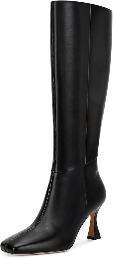 Dsevht Black Leather Knee High Boots for Women Stiletto Kitten Heeled Sexy Boots Square Toe and S... | Amazon (US)