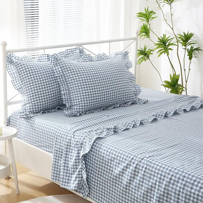 Dust Blue White Plaid Ruffle Sheets Twin Size 4-Piece Set 300TC 100% Yarn Dyed Cotton Dust Blue/W... | Amazon (US)