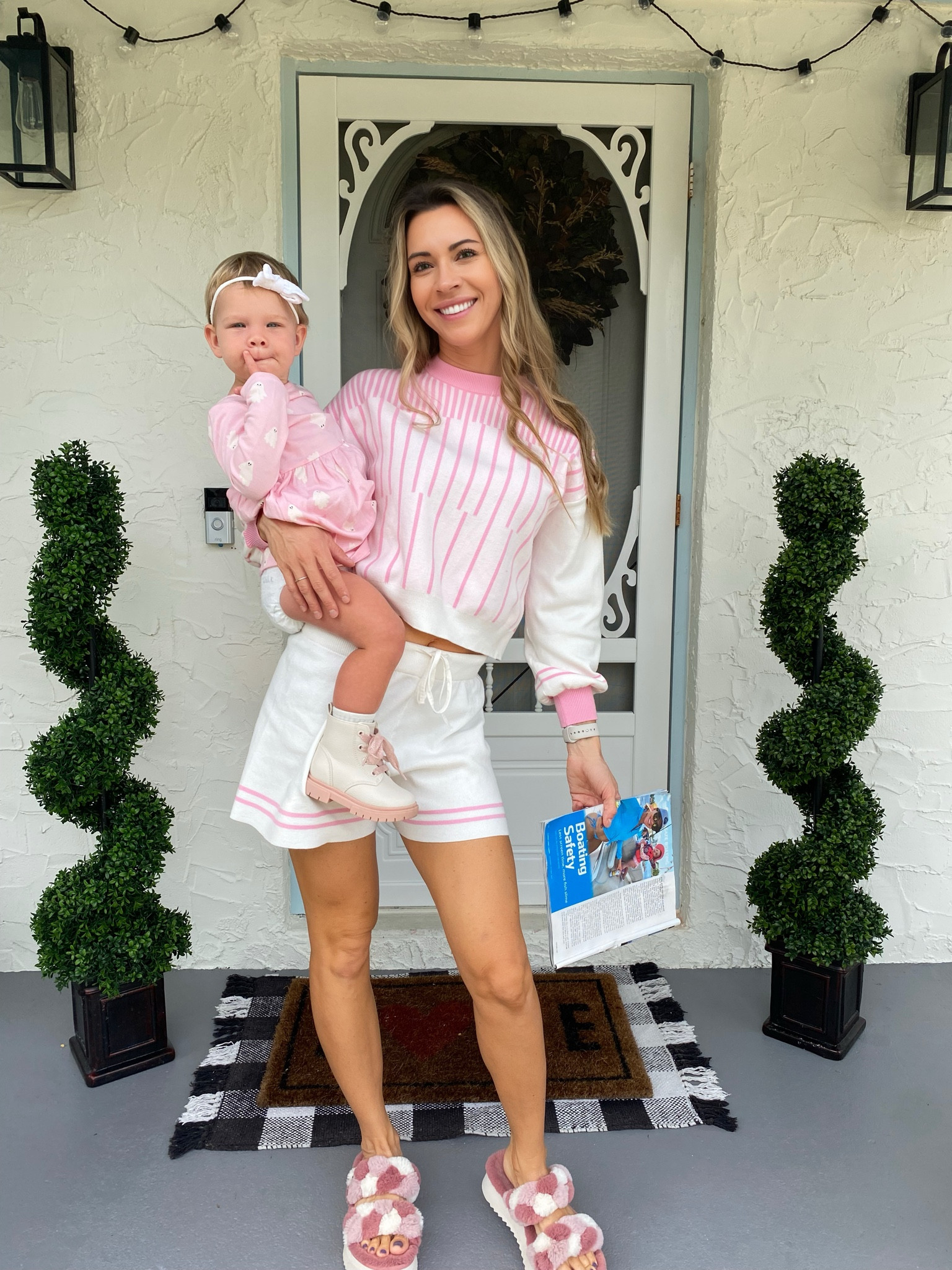 Front porch hangs! Pink, sweater set, comfortable clothes, front porch decor, halloween outfits, ghost dress, artificial plants, front porch, outdoor lights, patio, gingham, black and white, baby girl outfit, matching mom and daughter outfit. 

#LTKkids #LTKshoecrush #LTKhome