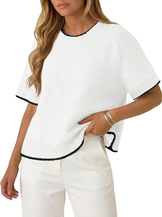 Saodimallsu Womens Short Sleeve Sweaters Casual Crew Neck Lightweight Color Block Loose Fit Summe... | Amazon (US)