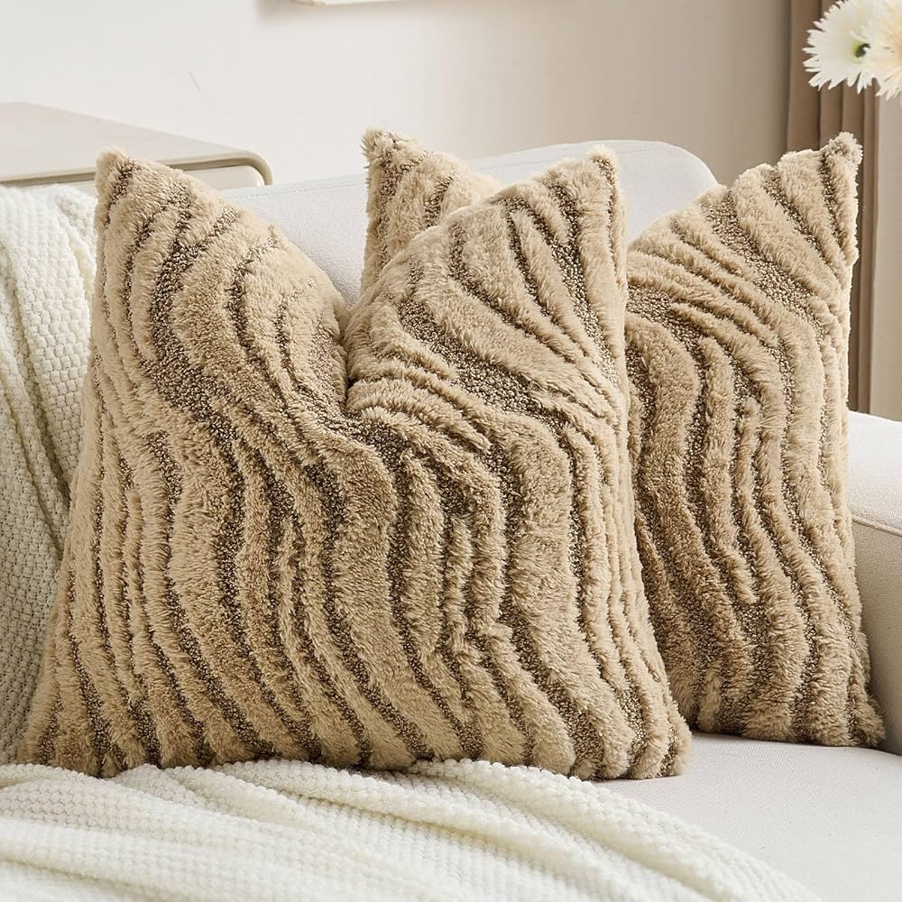 FUTEI Khaki Decorative Throw Pillow Covers 20x20 Inch Set of 2,Soft Faux Fur Geometric Shapes Tex... | Amazon (US)