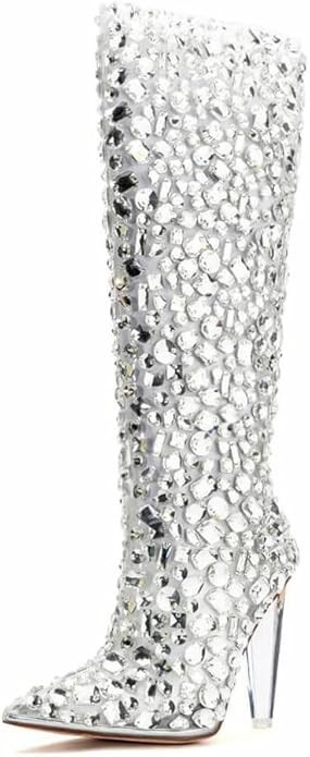 DOEYG Crystal Stiletto Heel Knee High Boot Women Pointed Toe High Heels Clear Tall Boots With Sid... | Amazon (US)