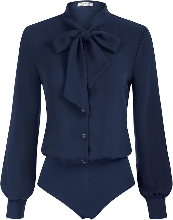 Kate Kasin Women Bow Tie Neck Office Blouse Button Down Long Sleeve Bodysuits Blouse Top | Amazon (US)
