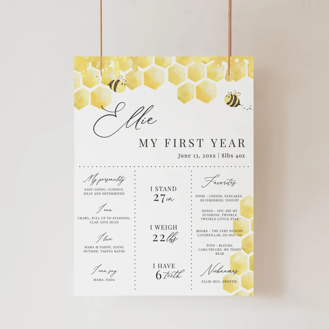 First Birthday Milestone Poster, First Bee-day Birthday Stats Sign, Bumblebee First Year Mileston... | Etsy (US)