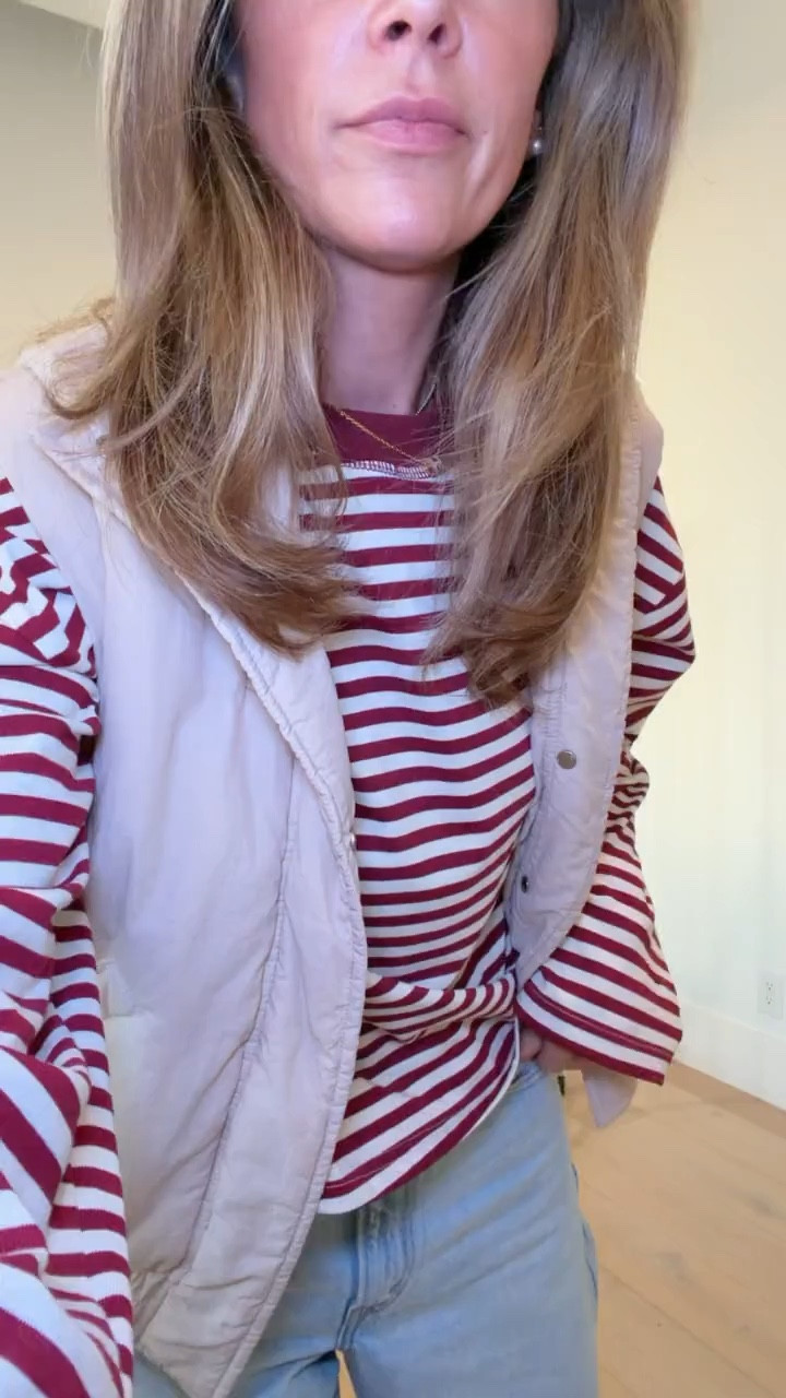 Today’s Amazon outfit! 
Amazon striped sweatshirt size small
Quilted vest size small
Levi’s cinch waist jeans size 26. I size up one size in these. 

Comment SHOP below to receive a DM with the link to this post on my LTK ⬇  #ltkover40 #ltkpetite #ltkootd