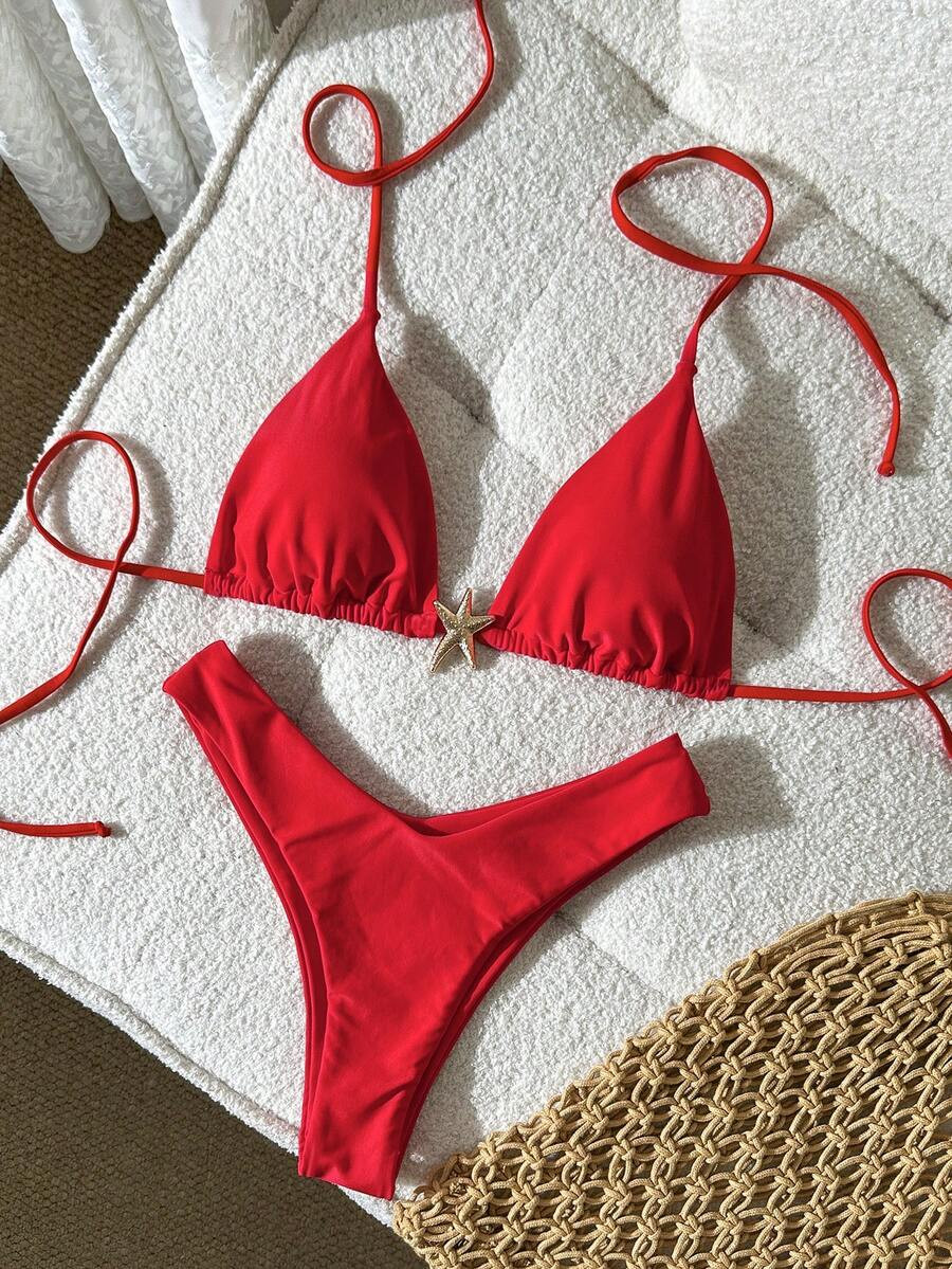 Swim Mod Women's Red Halter Tie Back Bikini Set With High Cut Bottom Plain Fabric Swimwear | SHEIN