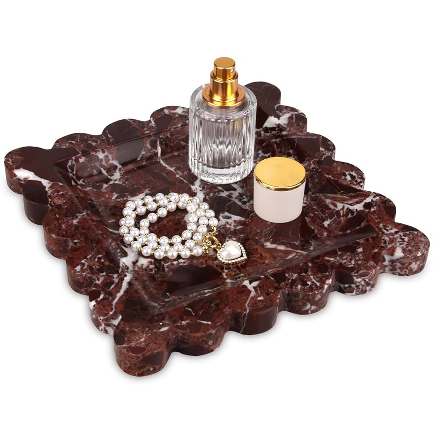 Square Marble Decorative Tray with Scalloped Edge,Luxury Natural Stone Bathroom Vanity Tray, Dres... | Amazon (US)